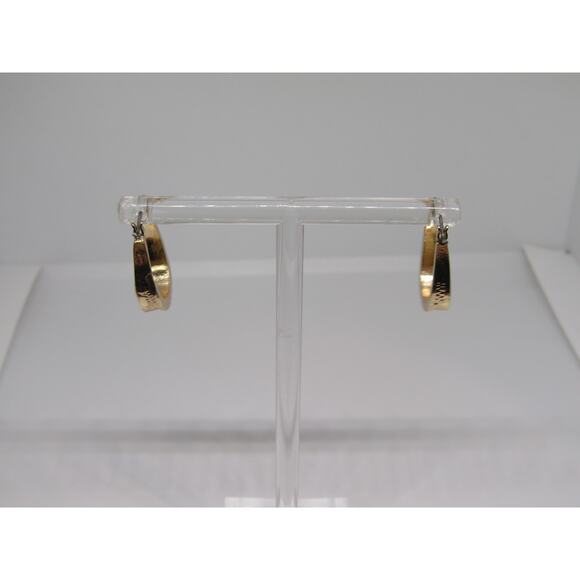 Gold Tone Etched Earrings Dangly Hoop Boho Cottagecore Oval Hinge 3/4" Minimal - Picture 3 of 5